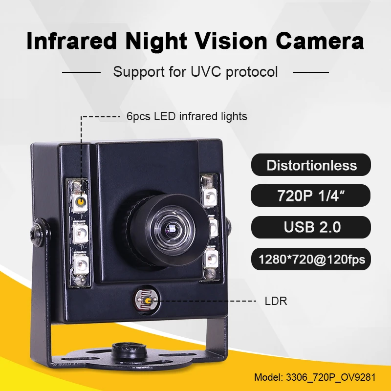 3306 720P OV9281 3.6mm 60degrees distortionless HD Global exposure 210fps USB Infrared night vision Mini camera