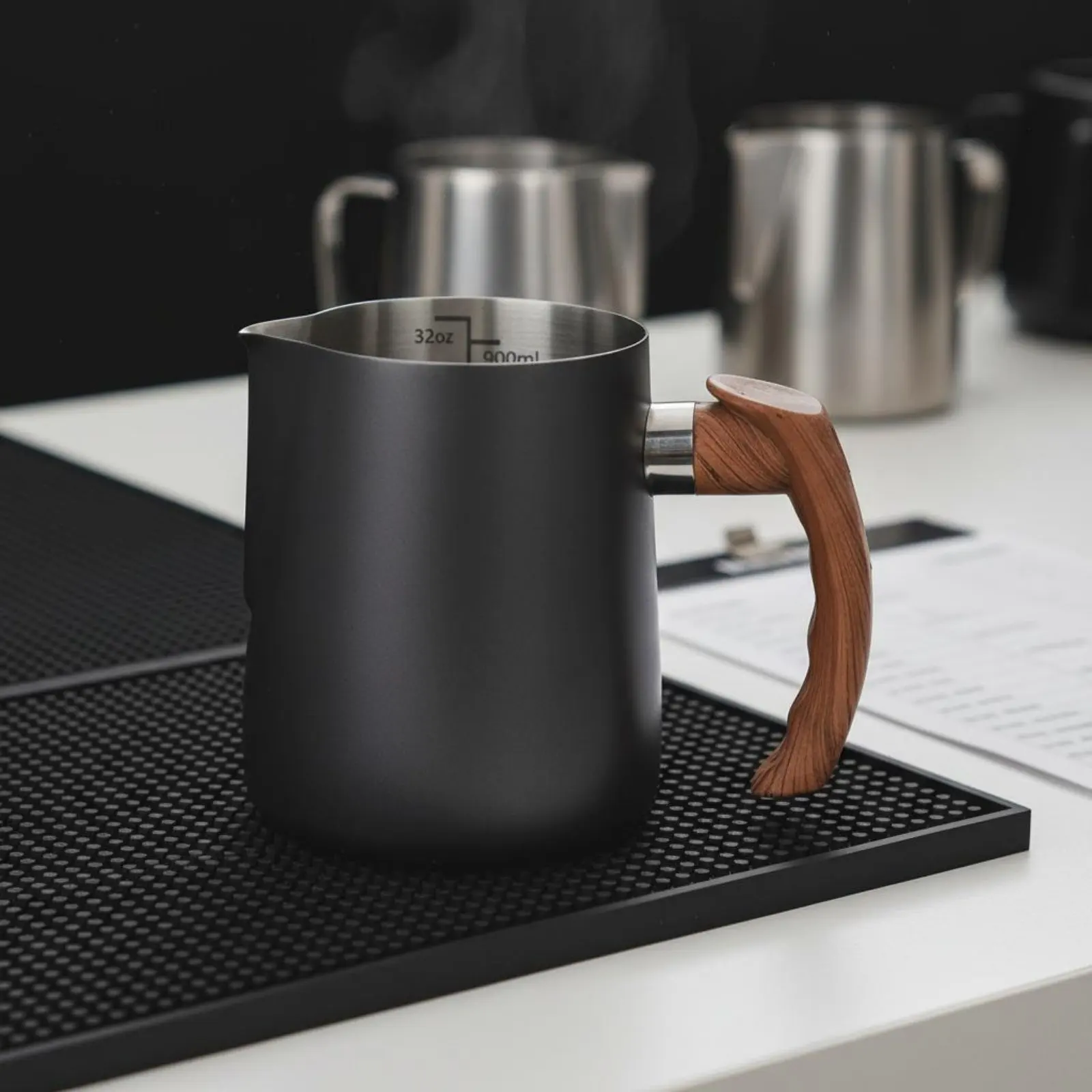 Latte Art Jug with Wooden Handle Thickened Frame Stainless Steel Milk Frothing Pitcher Measuring Milk Steaming Container Easy To