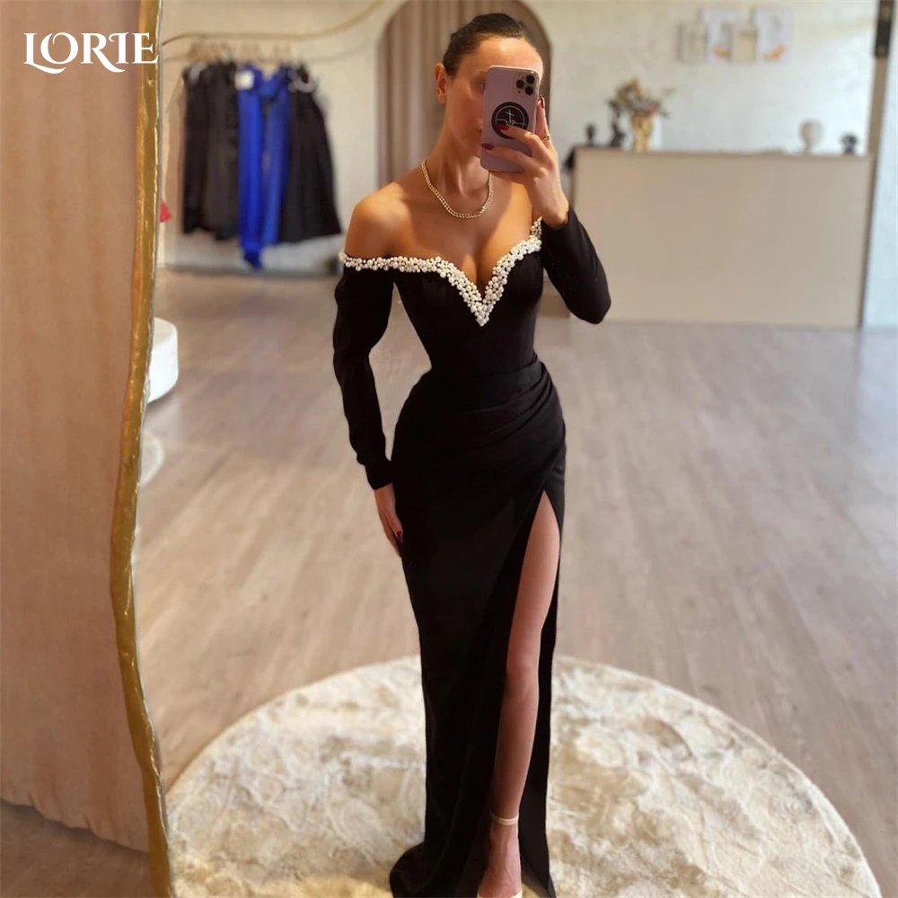 LORIE Elegant Black Mermaid Evening Dresses Off Shoulder Pearls Bodycon Side Slit Prom Dress Dubai Bridesmaid Party Gowns 2024