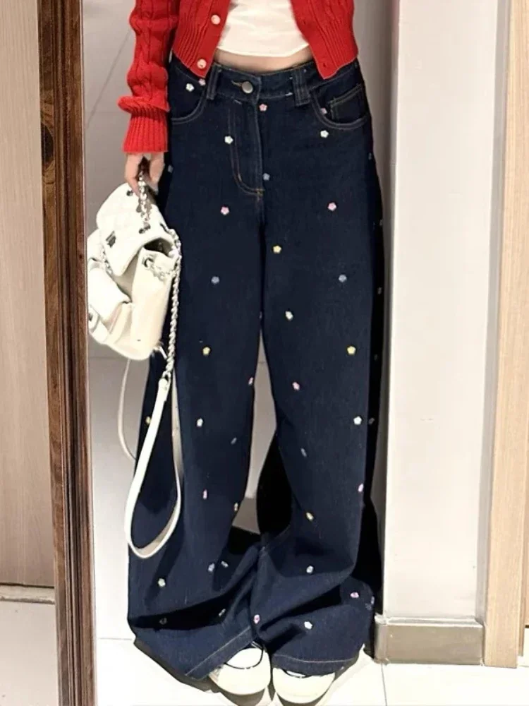 刺繍入りジーンズ レディース ダークブルー デニム ハイウエスト ルーズフィット 韓国風 オールマッチデザイン ワイドレッグ ポケット デイリー カジュアル デ ムヘール