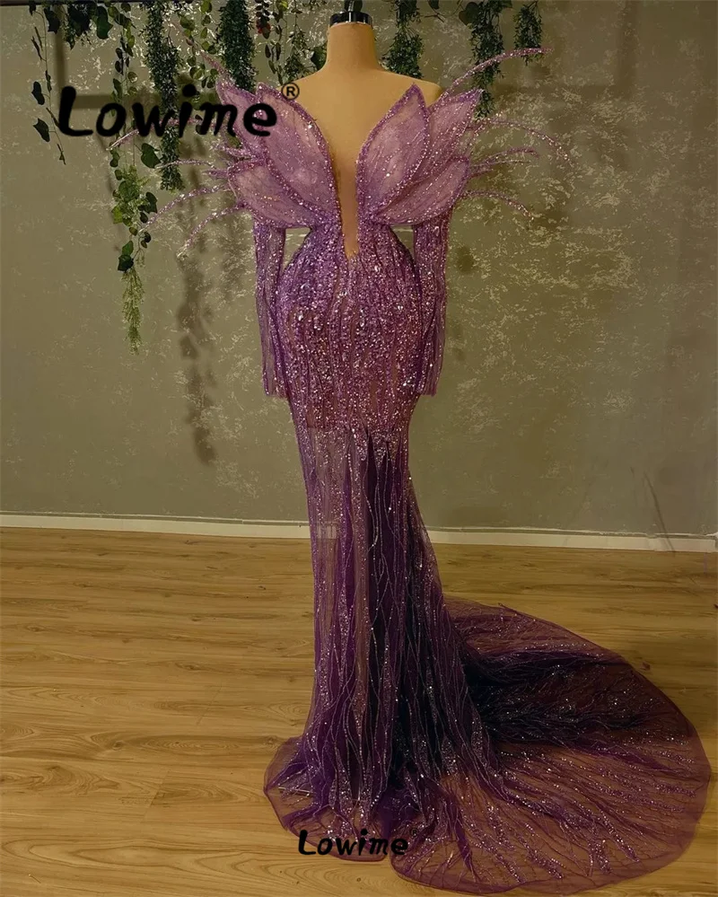 Purple Elegant Long Sleeves Aso Ebi Evening Dresses Long Mermaid Prom Dress Sequined Lace Formal Party Second Reception Dress