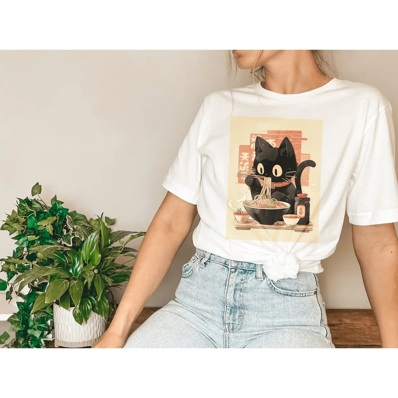 Ramen Cat T Shirt Black Noodles Japanese Cuisine Kawaii Miresgal  vintage Washed Stretched Slightly Unisex Soft