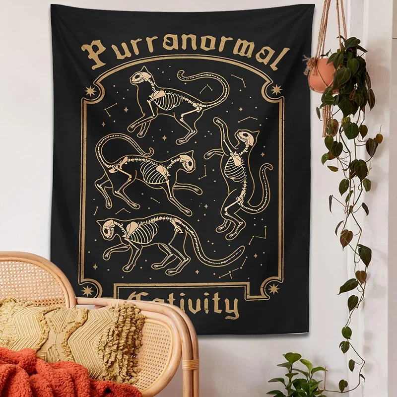 Tarot Witchcraft Cat Tapestry WallHanging Cativity Mysterious Cat Skull Tarot Divination Baphomet Occult Home Black Cool Decor