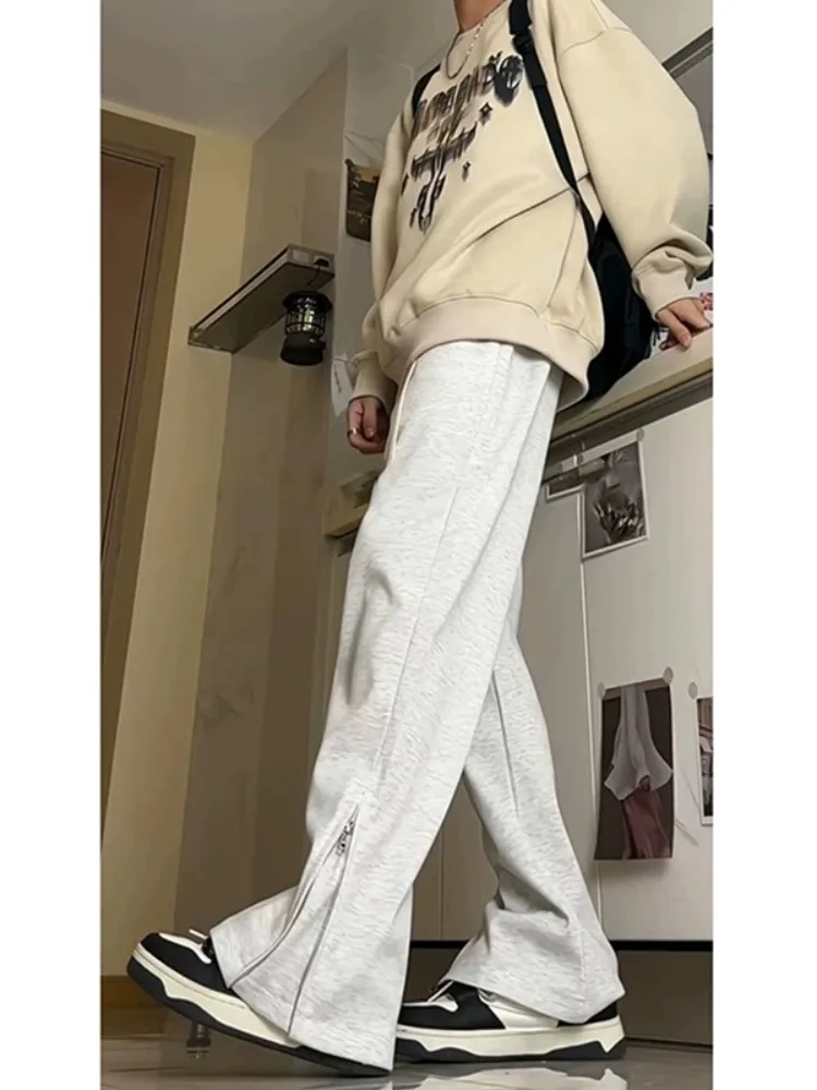 

Hip Hop Men's Long Sports Pants White ey High Waist Zipper Side Flared American Sle Autumn Winter Casual Trousers