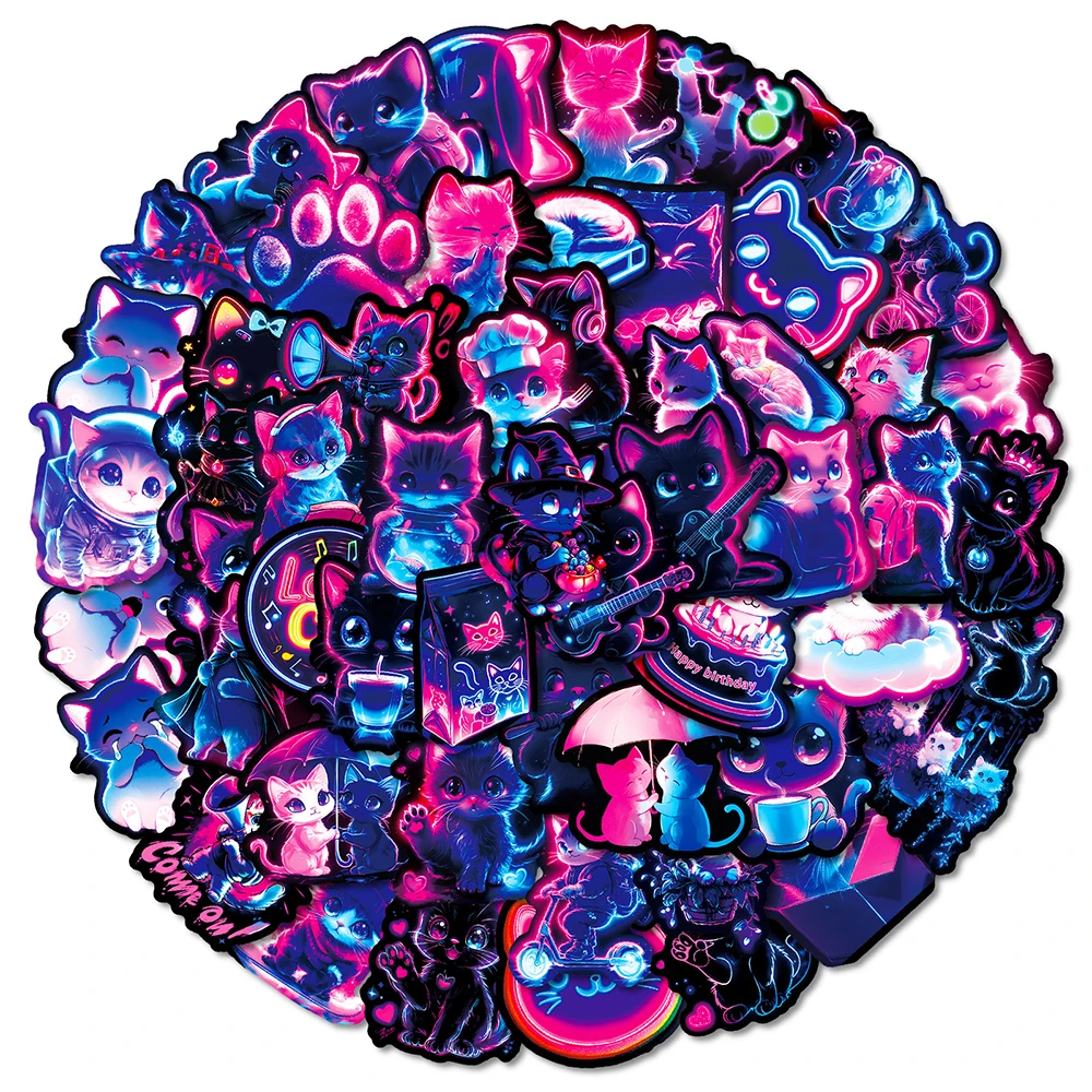 10/30/50pcs Cute Funny Cartoon Neon Cat Stickers Kawaii Aesthetic Graffiti Decals DIY Skateboard Guitar Phone Sticker Wholesale