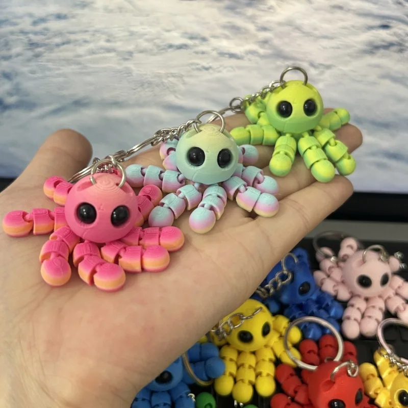 3D Printed Squid  Octopus Keychain Figurine Creative Decorative with Flexible & Movable Claws for Schoolbag Hanger or Kids Gift