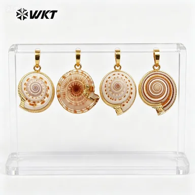 WT-JP007 New ! Classic Trumpet Shell Pendants 24K Metal Plated Trim On Edged Necklace Pendant Natural Shell Pendants