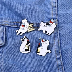 Cartoon Red Wine Cat Enamel Brooch Book Sunglass Cute Whiskey White Cat Creative Animal Metal Badge Punk Lapel Pins Jewelry Gift