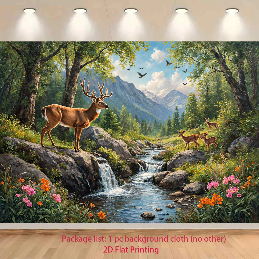 2D flach, 1 Stück Waldmärchenland Tierparty Fuchsdekoration – Hintergrundstoff Hirsch, Bergstrom und Wildblumen-Polyester