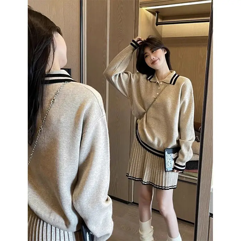 2024 Preppy Style Knitted Suits Women Casual Sweater Pullovers + Elastic Y2k Mini Skirt Korean Style Fashion Two Pieces Sets