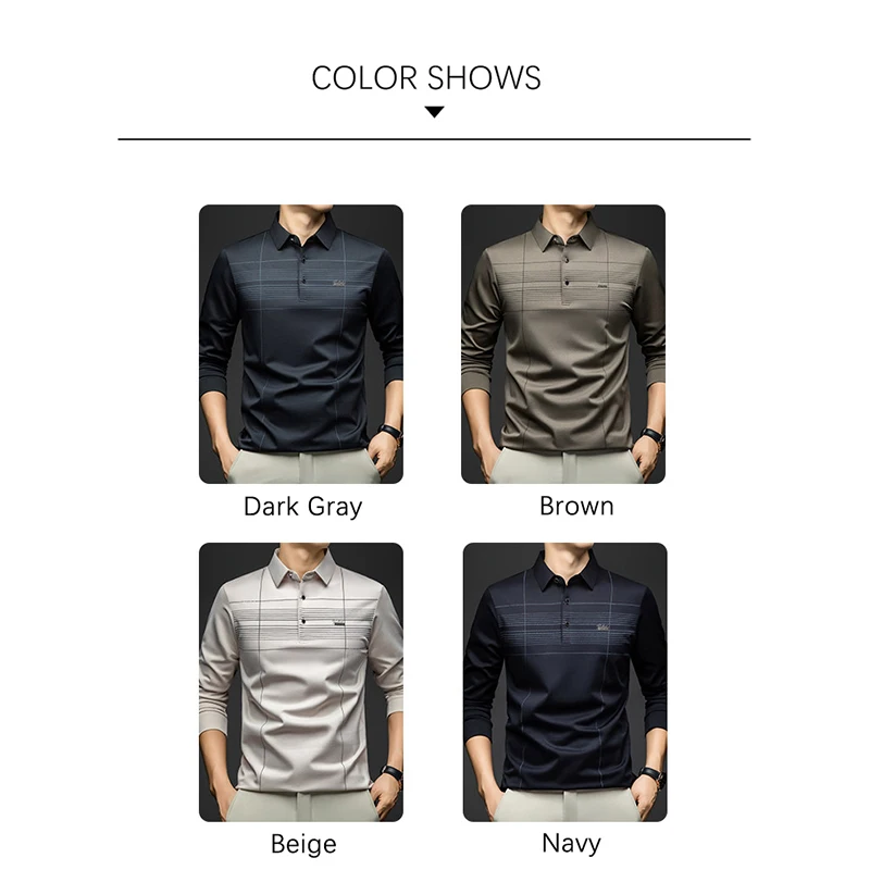 BROWON 2025 قميص رجالي أنيق للخريف بولو بأكمام طويلة ملابس علوية للربيع تي شيرت منتصف العمر مادة ناعمة ناعمة ملابس بولو للعمل الأب للرجال