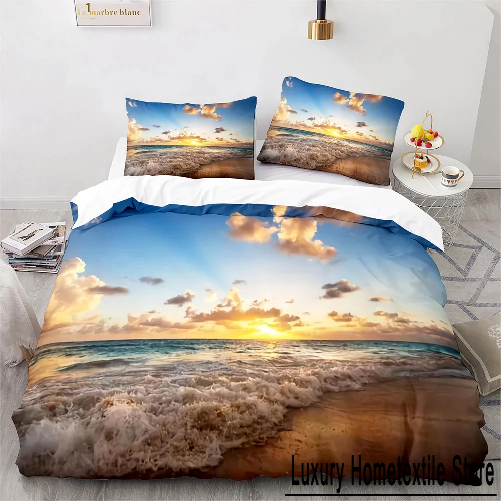 Beach Ocean Duvet Cover Set Sunset Hawaiian Waves Comforter Cover Tropical Island and Sea Beach Nature Polyester Bedding Set