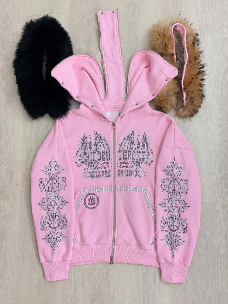 

Unisex Y2K Retro American Style Fur Collar Zipper Cardigan Hoodie Rhinestone Embellished Casual Sweater Fashion Personalized