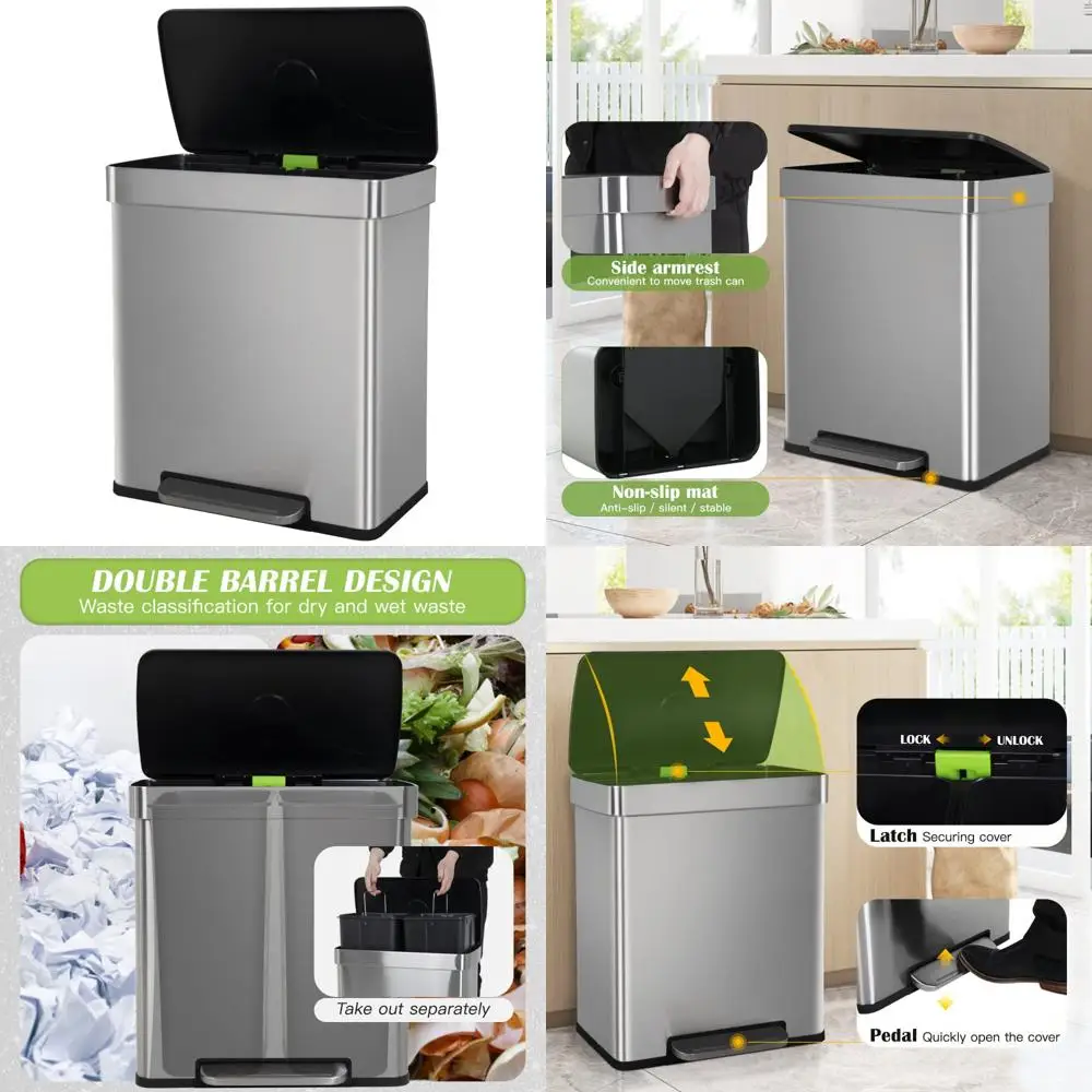 

Stainless Steel 60L Dual Compartment Trash Can with Removable Buckets and Soft-Close Feature for Easy Recycling