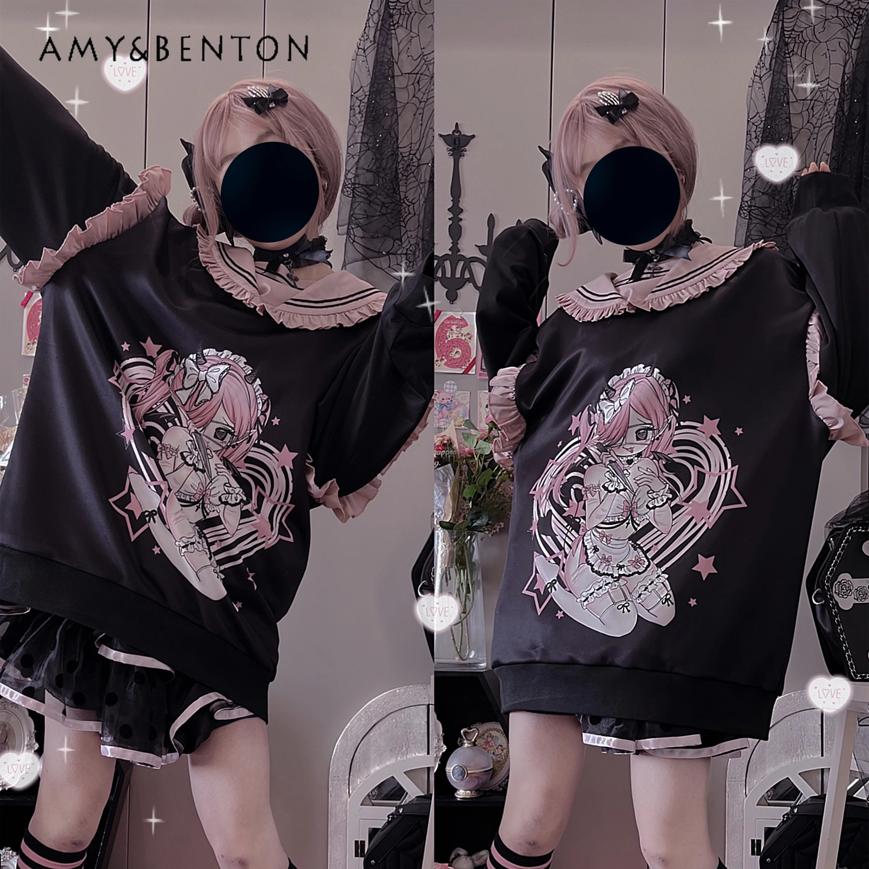 Original japanische Anime Print Seemann Kragen Hoodie Aquarell süße Farbe passend lose Hoodies Frauen Gothic Langarm Top