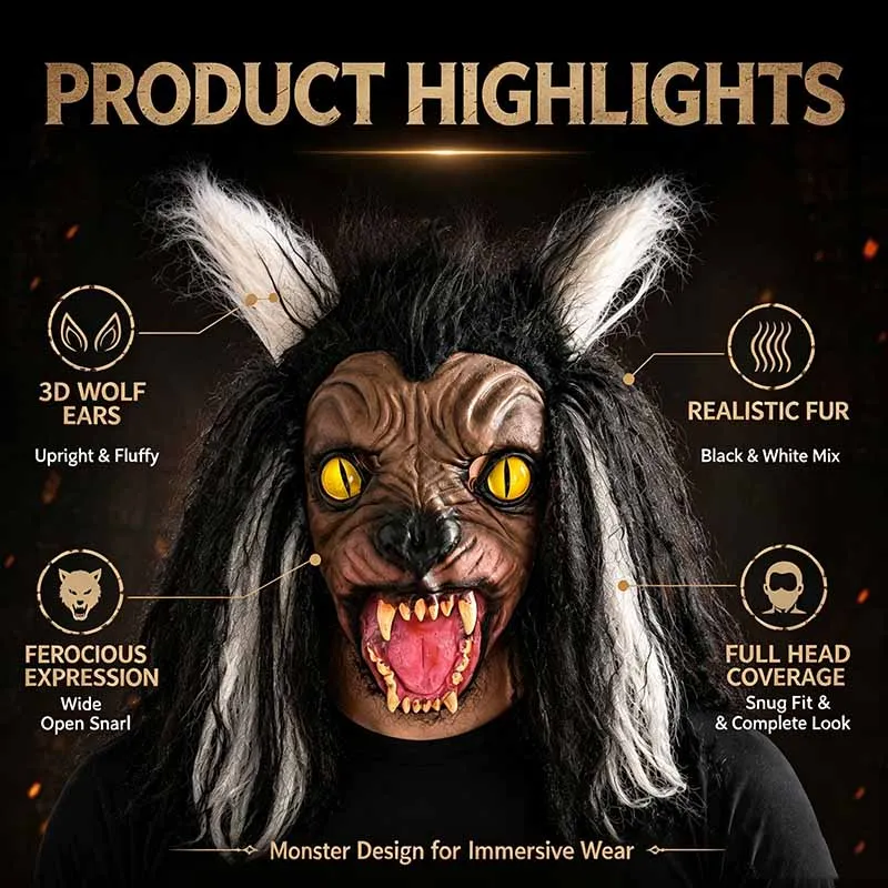 Fierce Wild Werewolf Latex Full Head Mask Simulated Hair Monster Face Mask Halloween Cosplay Haunted House Decor Props