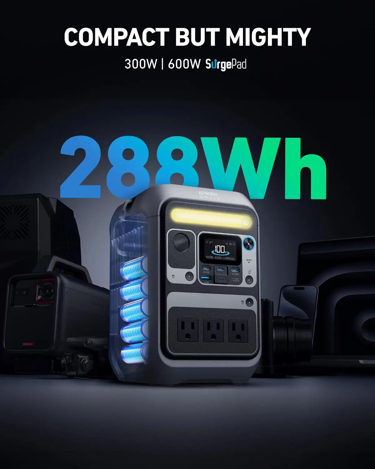 C300 Portable Power Station, Outdoor 288Wh LiFePO4 Battery, 300W (600W Surge), 140W Two-Way Fast Charging(with 60W Solar Panel)