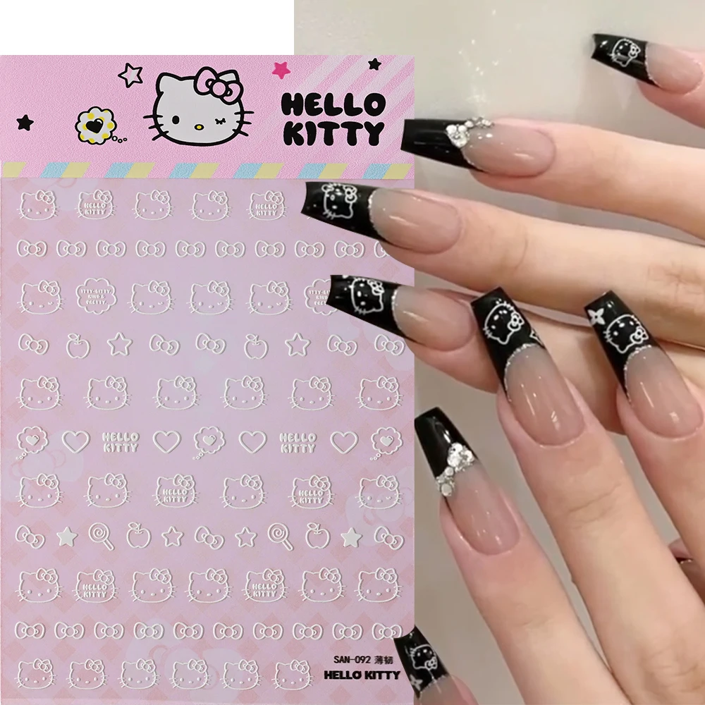 5D Black White Cartoon Hello Kitty Nail Stickers Sanrio Heart Bow Hello Kitty Nail Decorat Self-adhesive Stickers Nail Supplies