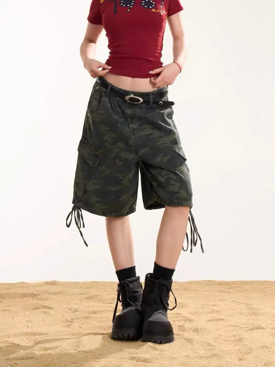 Y2K American Retro Workwear Camouflage Cropped Pants Women Summer Loose Wide Leg Drawstring Versatile Casual Shorts