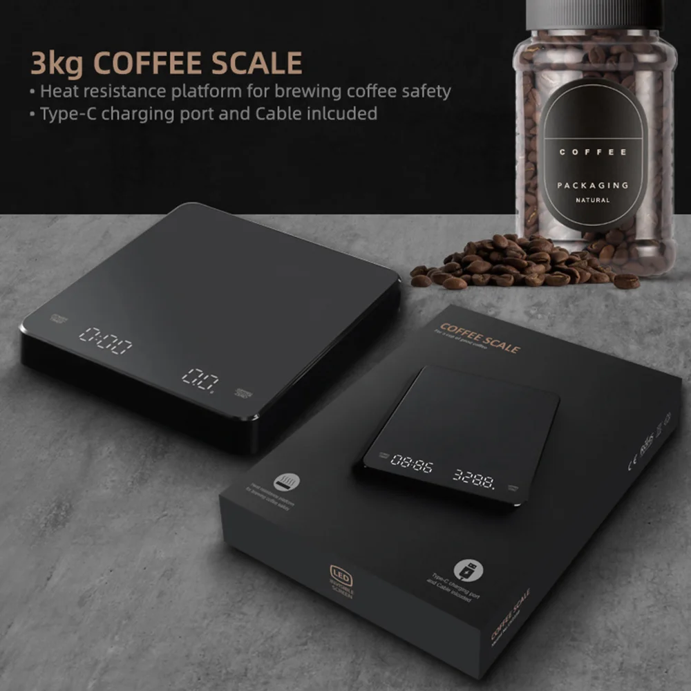 3kg 0.1g Digital Coffee Scale with Timer LED Screen Espresso Scale High Precision Measures in oz/ml/g Kitchen Scale