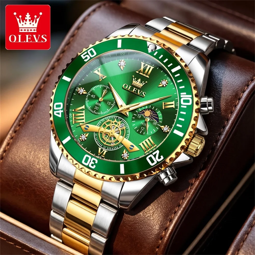 OLEVS New Quartz Watches for Man Stainless Steel Moon Phase Diving Series Flywheel Design Chronograph Luxury Men's Watches 3732