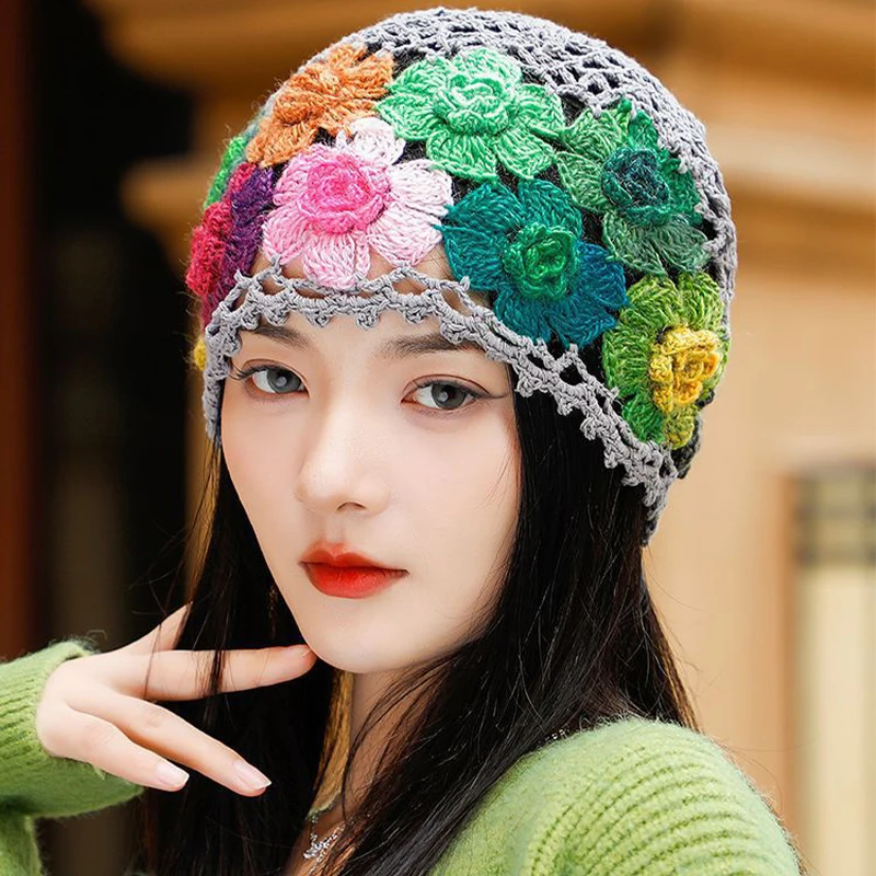 Ethnic style women's hats for spring and summer, new artistic and colorful flower hollow pattern caps, knitted woolen hats, melo