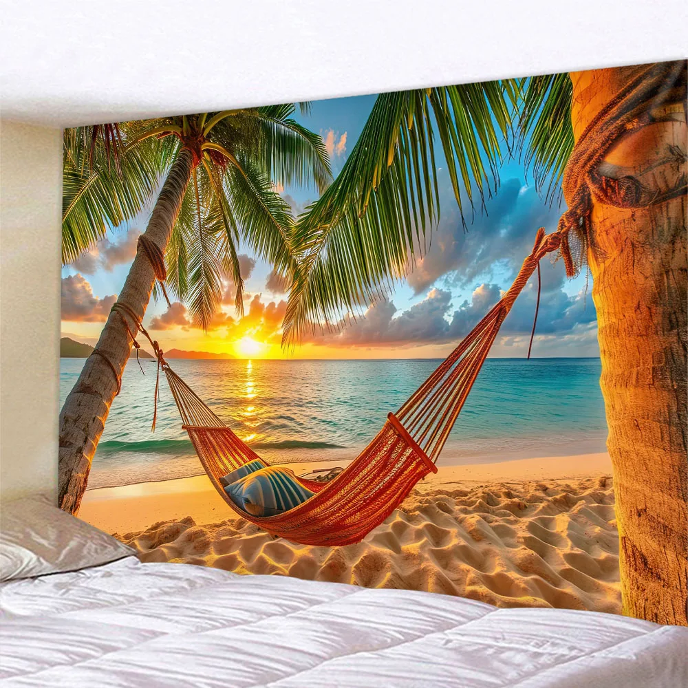 

Beautiful Beach Coconut Tree Landscape Tapestry Polyester Fabric tapestry Wall Hanging Bohemian Wave Theme House Decoration