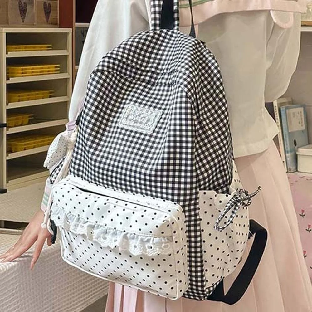 Korean Style Plaid Backpack Pastel Color Lightweight Lace Schoolbag Large Capacity Ruffle Design Gingham Daypack