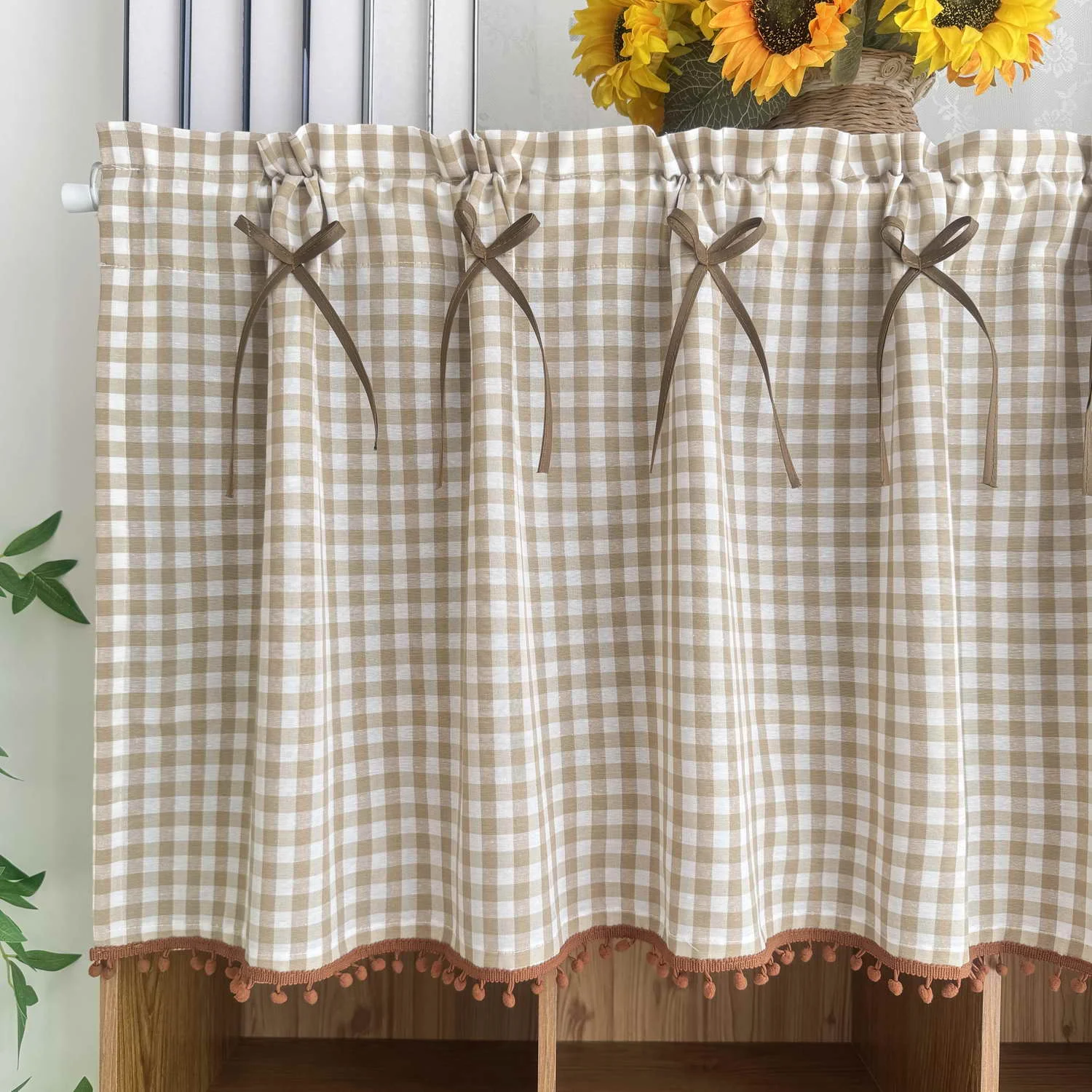 Rural Style Dual Color Coffee Checkered Short Curtain,With Butterfly Tie Half Curtain For Small Windows,Cabinet Partition Drapes