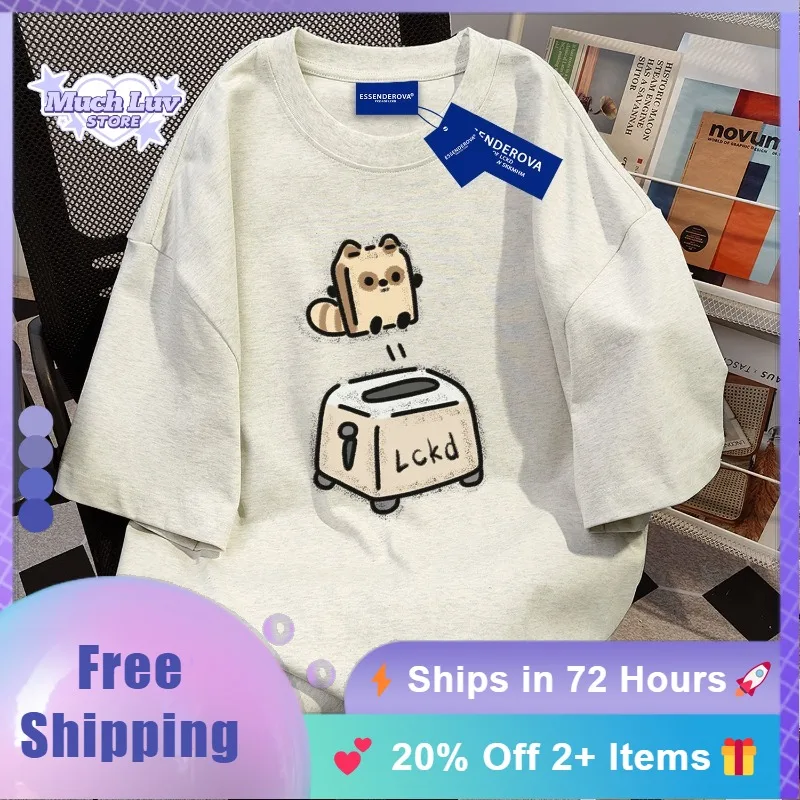 

Cute Kitten Bread Machine Printed T-shirt White Gray Round Neck Women's T-shirt 100% Pure Cotton Summer Kawaii Cute Casual Top