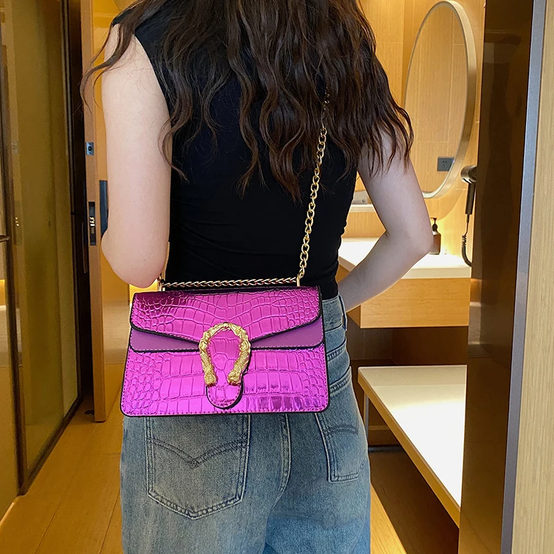 Designer Chain Shoulder Messenger Small Square Bag Double Compartment Clamshell Women\'S Bag 2023 Glossy Fashion Crossbody Bag