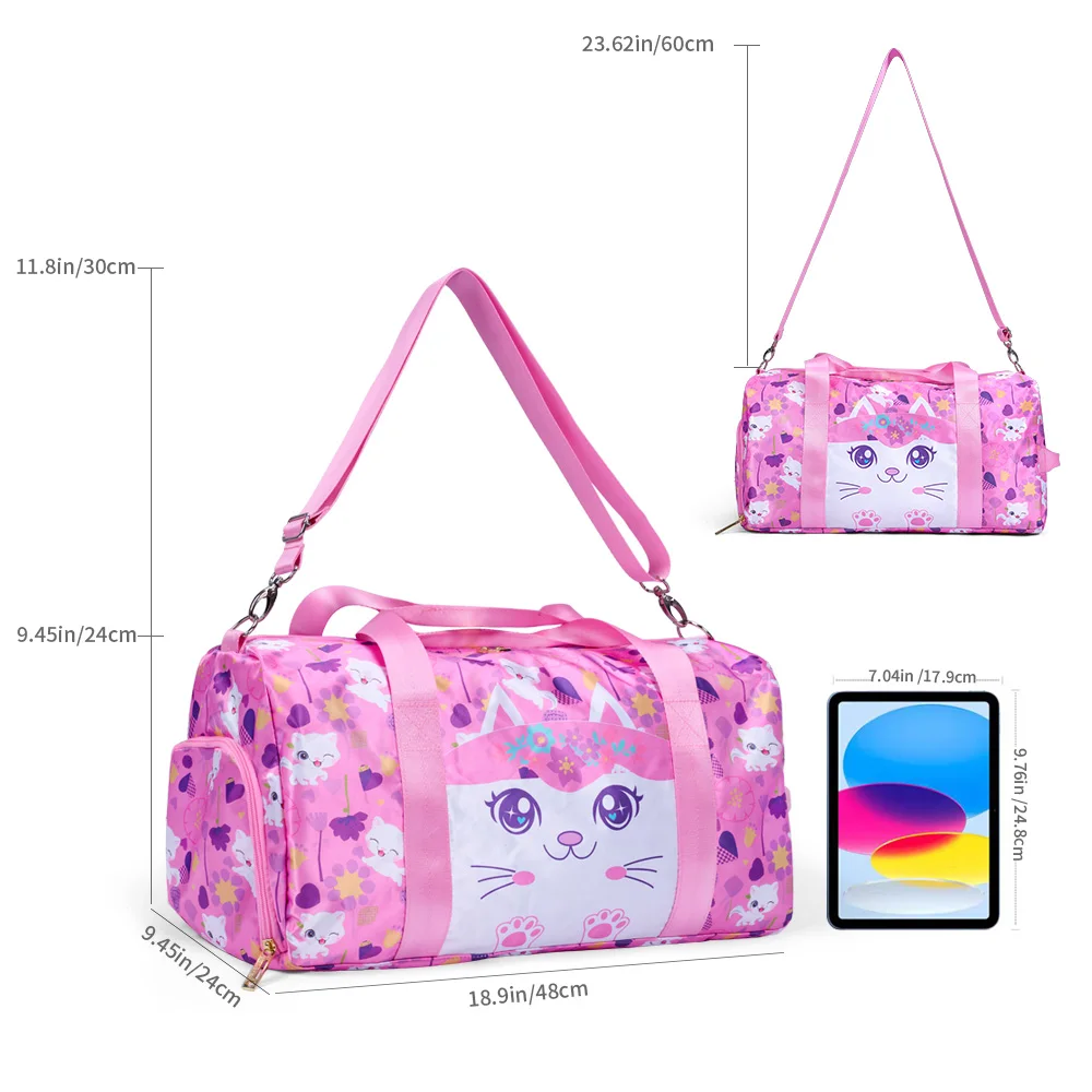 BLING BABIES Cat-themed girl ballet bag, children\'s duffel bag and gym bag, pink travel dance bag with shoe compartments.