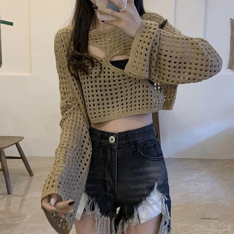 

Knit Pullovers Women Crops Y2k Female Sweet Holiday Solid Sweater Harajuku Chic Summer Hollow Out Fashion Korean Style Popular