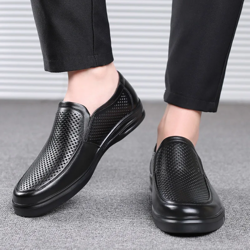 Genuine Leather Shoes Men Summer Footwear Cow Leather Mens Casual Shoes Brand Male Business Shoes Black Big Size 45 A4386