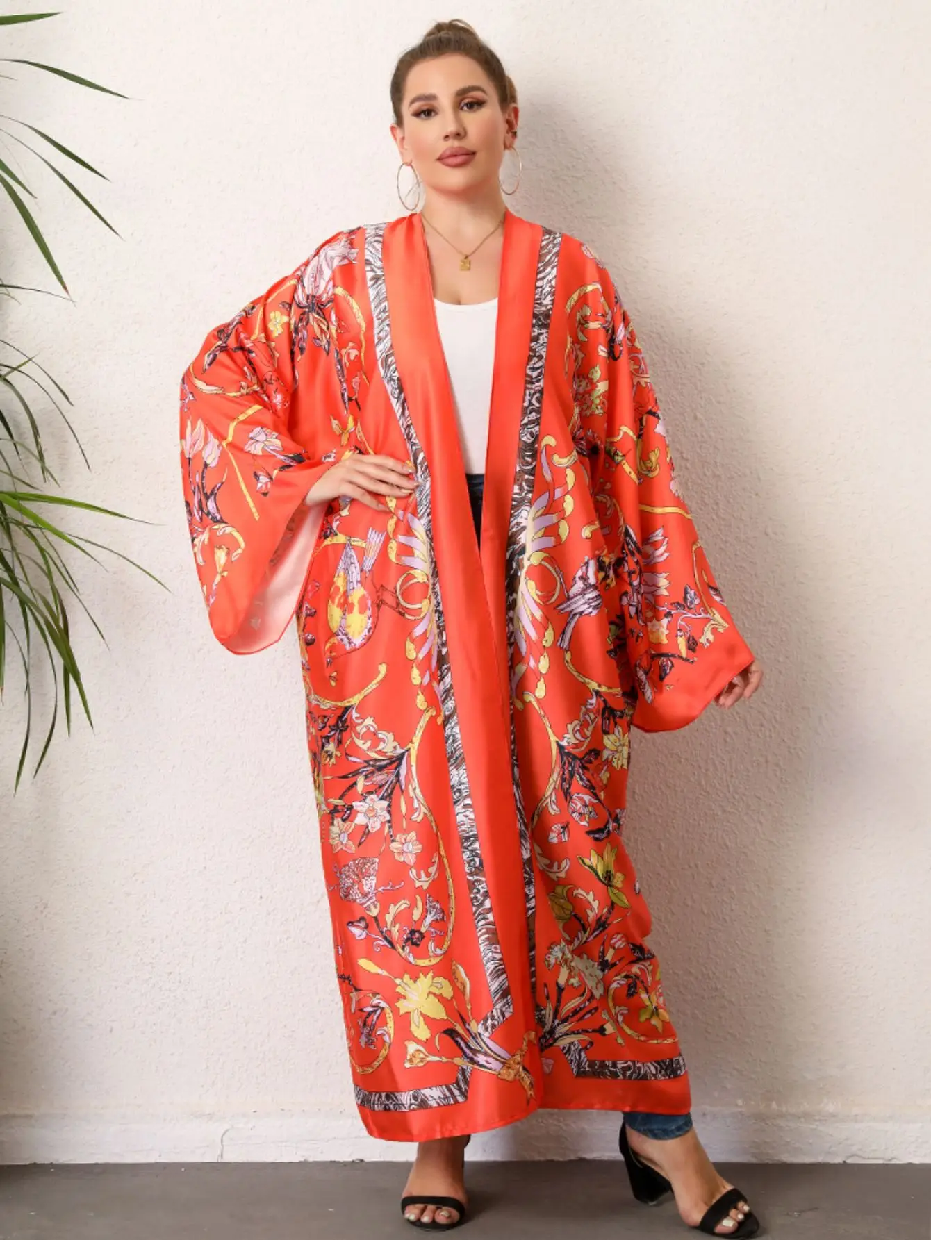 Plus rozmiar Boho Kimono damskie Plus tropikalny nadruk kontrastowe wiązanie z długim rękawem z przodu luźna Kimono plażowe