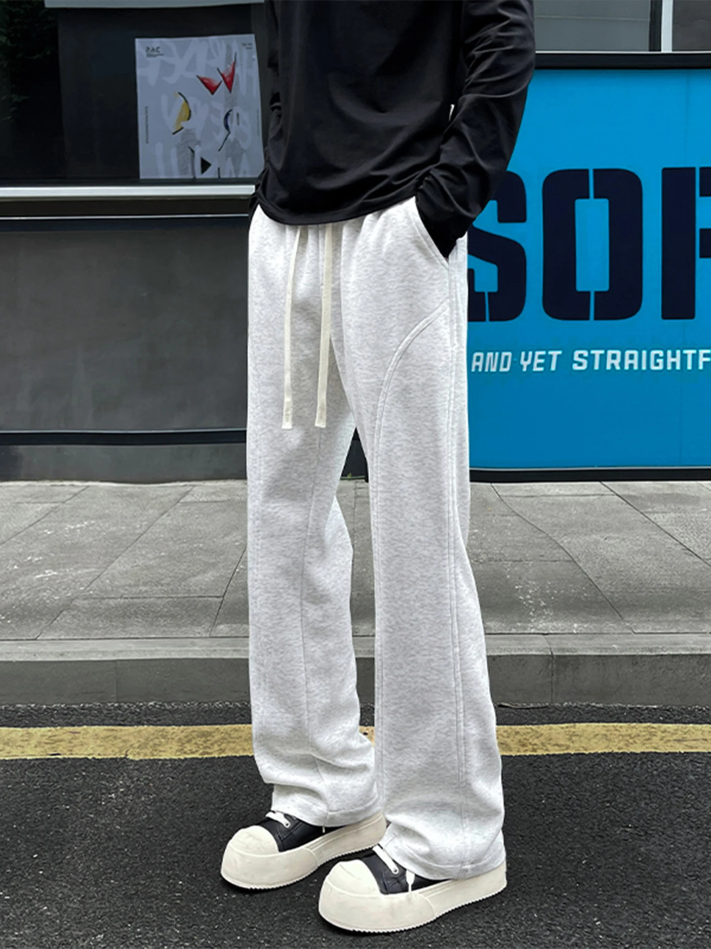 

Light Grey American Retro Sport Pants Men's Style Slim Fit Casual Straight Leg Trousers Loose Fit Elastic Waist Polyester Fiber