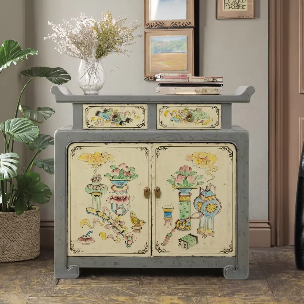 

✿a Antique Style Chinese Furniture Hand-Painted Auspicious Motifs Brass Pulls Chinese Cabinet
