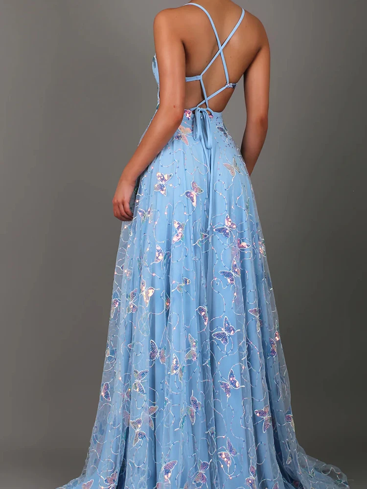 

Elegant Sleeveless Mesh Pleated Evening Dress Summer New High Waist Banquet Dress Sexy V-neck Butterfly Decoration Halter Dress