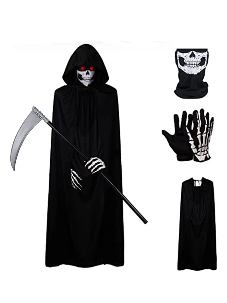 

Adult Kids Halloween Demon Ghosts Costume Dress Up Party Man Women Black Scream Death Demon Grim Reaper Cospaly Clothes Ecoparty