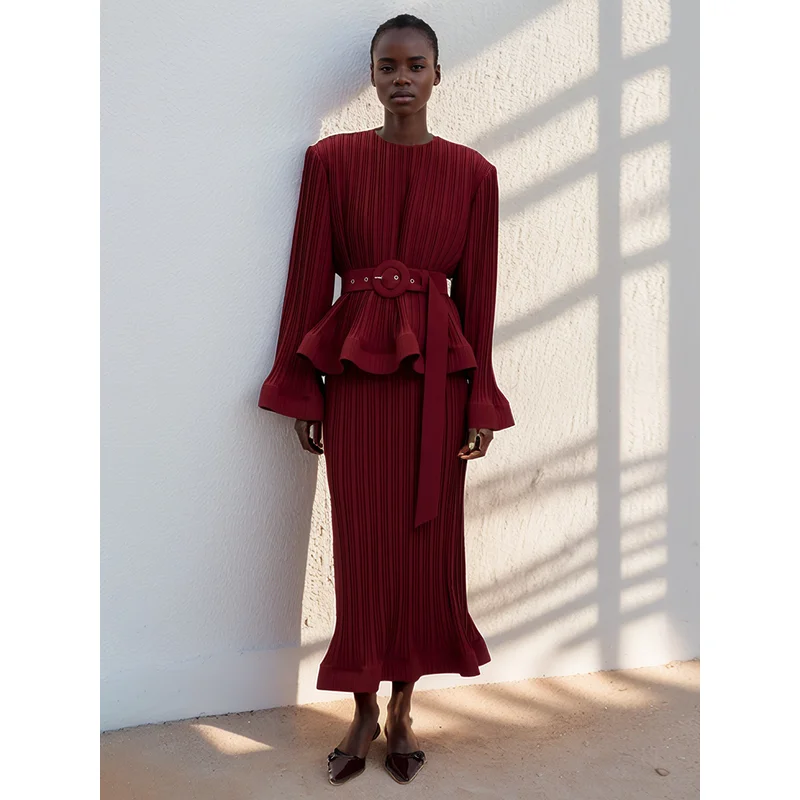

Celebrity Style Two-piece Set 2025 New Arrival Tie Back Round Neck Ruffles Tops Fashion High Waist Skirt Suit