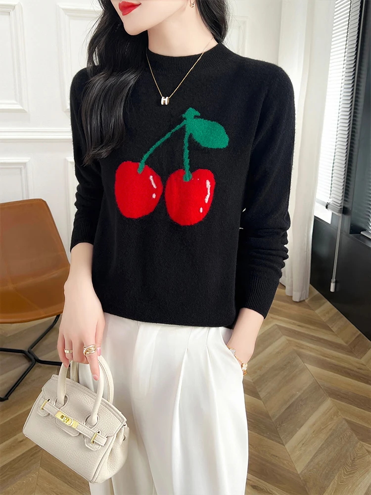 Cherry Jacquard 100% Merino Wool Women's Cashmere Sweater O-neck Neck Pullover Autumn Winter  Knitwear  Sweater Knitwear Korean