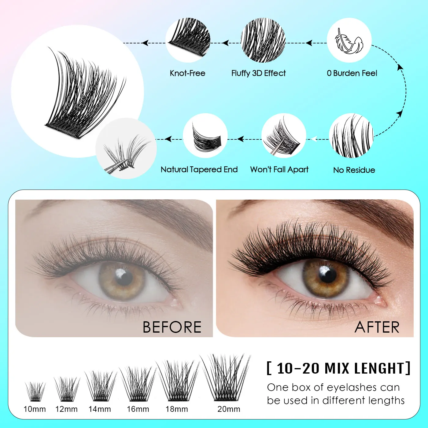 DIY Wimpern Cluster 10-20mm Mixed Lash Weiche Schlanke Wimpern Verlängerung Kit Kontaktlinsen-Freundliche Simulation Wimpern mit Kleber Set