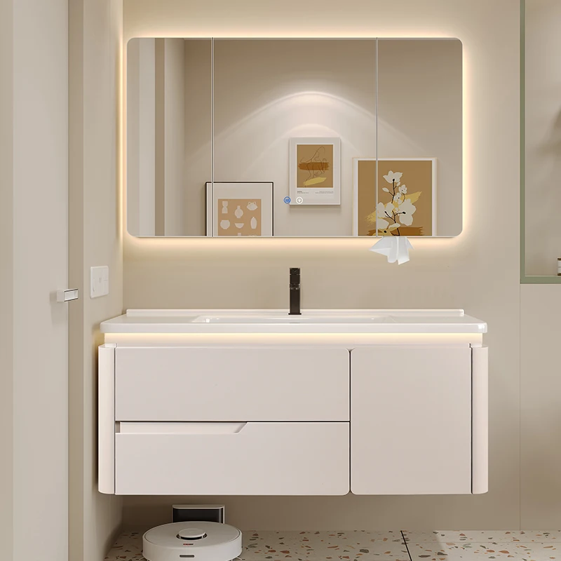 

Customizable Cream Ceramic Integrated Basin Modern Washstand Cabinet Combination for Bathroom Water Resistant for Hall