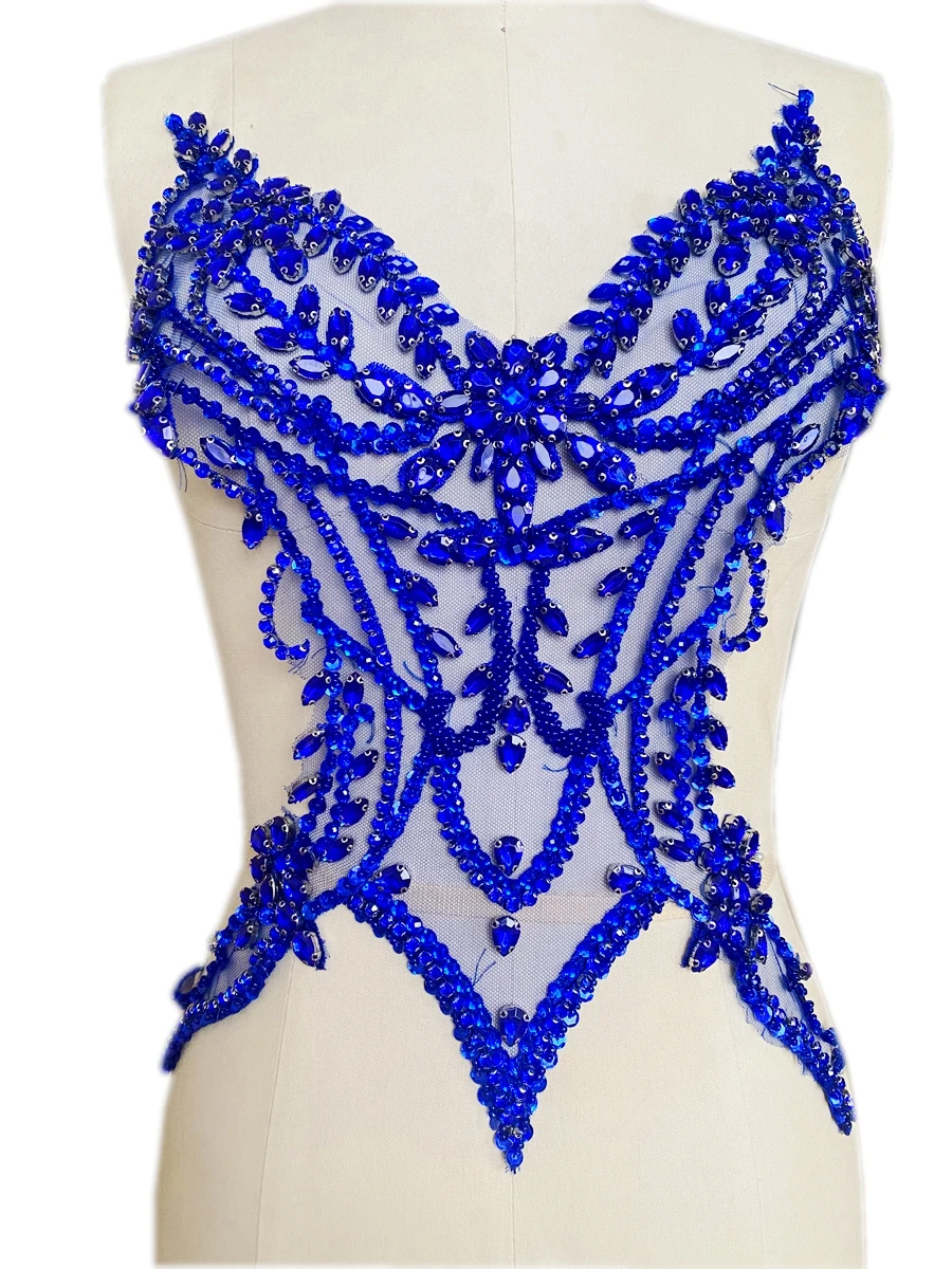 Handmade sew on Rhinestones applique golden crystal trim patches with stones sequins beads for dress