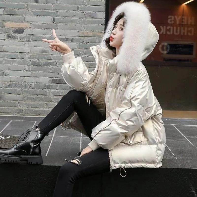 2023 Washable Glossy Down Cotton Jacket for Women in Winter Short Korean Version Large Fur Collar Thickened Hooded Loose Coat