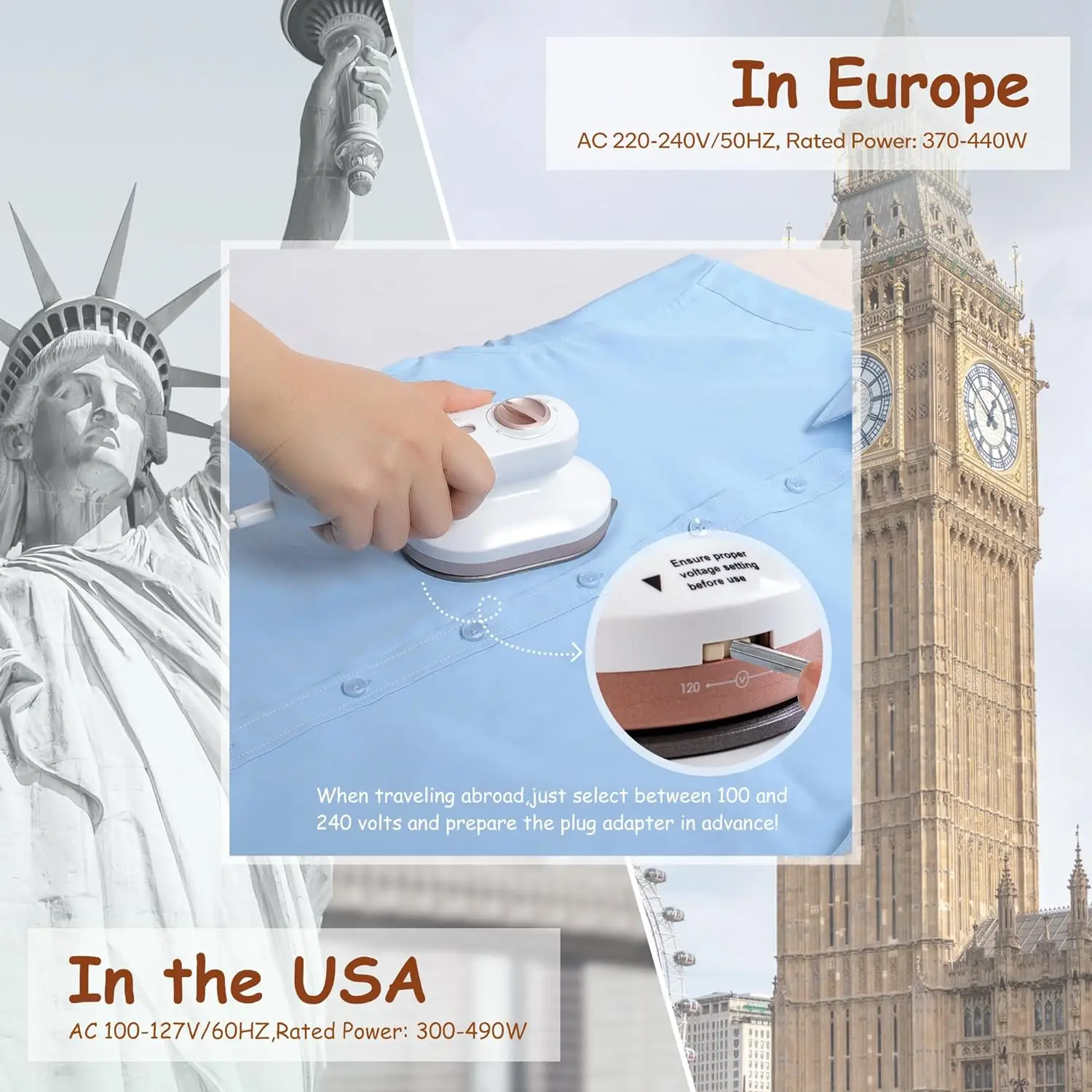 Dual Voltage Travel Iron - 120V/220V,  Non-Stick Ceramic Soleplate, Mini Heat Press Machine and Travel Iron