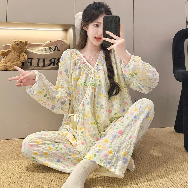 

Пижамные комплекты для женщин после родов, рубашки с длинными рукавами для кормления грудью + брюки, кимоно, 2 шт./компл., комплект одежды для беременных и кормящих женщин