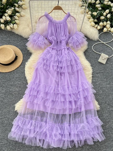 Imagen 1 del producto 2025 vestido de pastel de malla francesa de verano para mujer nuevo con cintura plisada mangas acampanadas elegante vestido de fiesta de cumpleaños C145