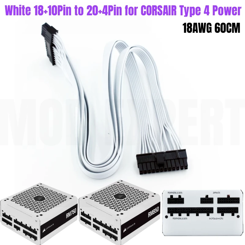 White 18+10Pin to 24Pin ATX Motherboard Power Cable 60CM 18AWG for CORSAIR RM750 750W RM850 850W White Modular Power Supply PSU