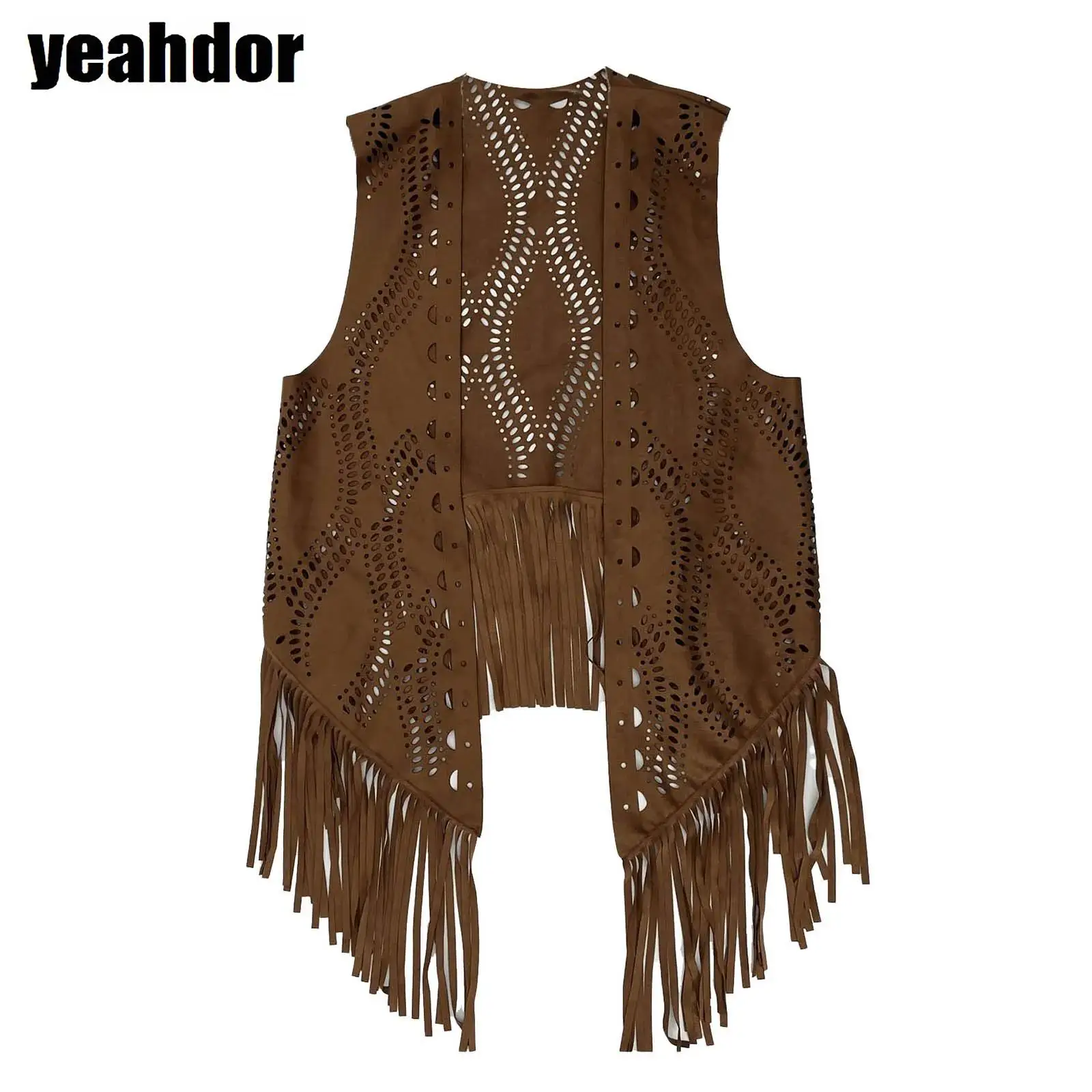 Women Retro Tassels Cape Vest All-matched Fringe Hollowed  Open Front Wrap Shawl Cloak Cape for Casual Outings Party Work